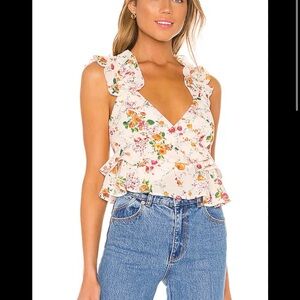 House of Harlow 1960 Cream Floral Ruffle V-Neck Tank
